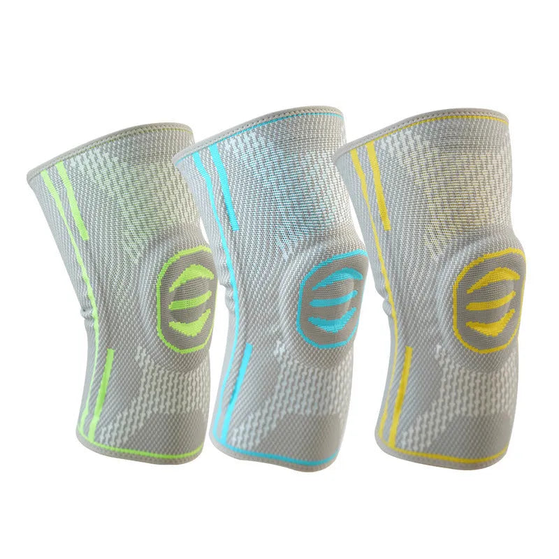 Cotton mountaineering knee pads in blue, green and yellow colours showing elastic sports knee protection