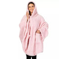 Thick hooded polyester bathrobe in black, shown in a long sleeve cardigan style.