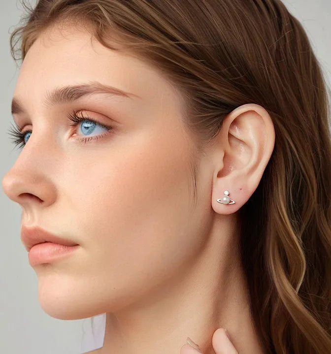 Chuangxing 925 silver star-shaped planet ear studs with ball shell pearl, colour BSE1207, one pair