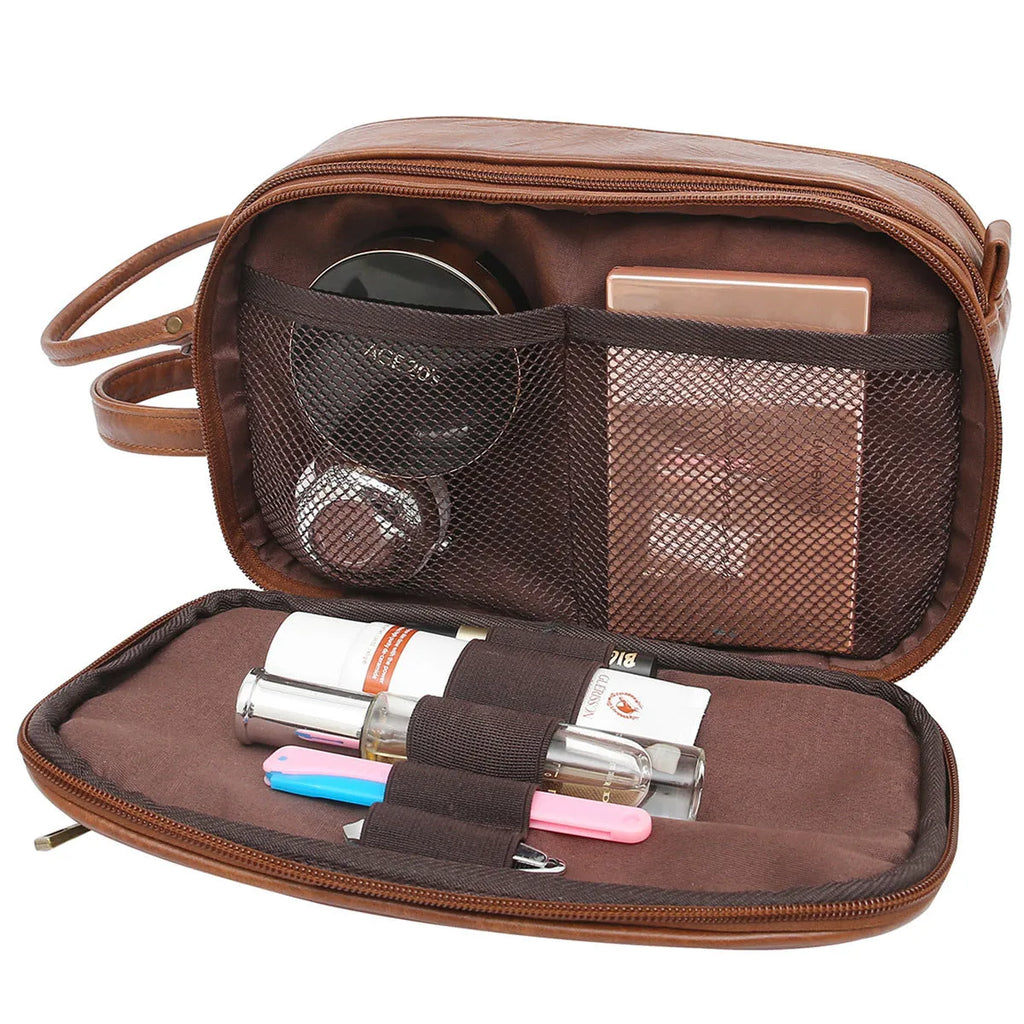 Men's solid colour PU toiletry bag for travel, shown in black and brown.