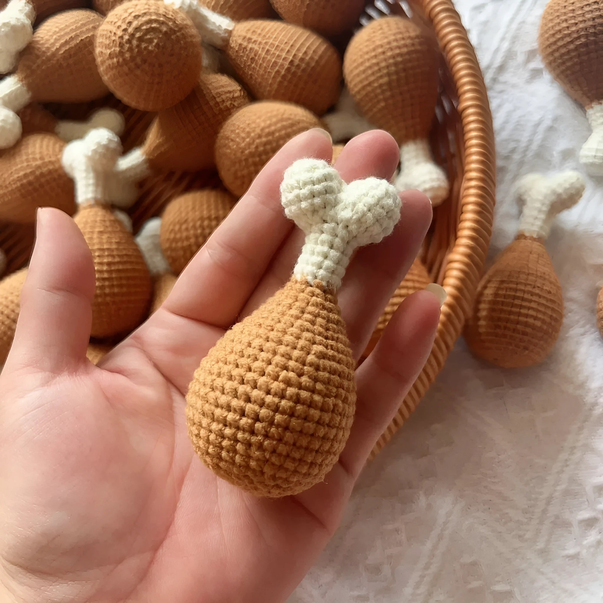 Crocheted plush chicken leg pendant key chain measuring 8cm in length.