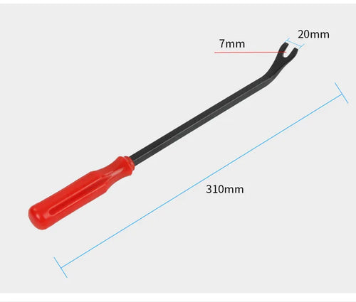 Red-handled automotive door panel clip removal tool for GM cars with light switch pliers.