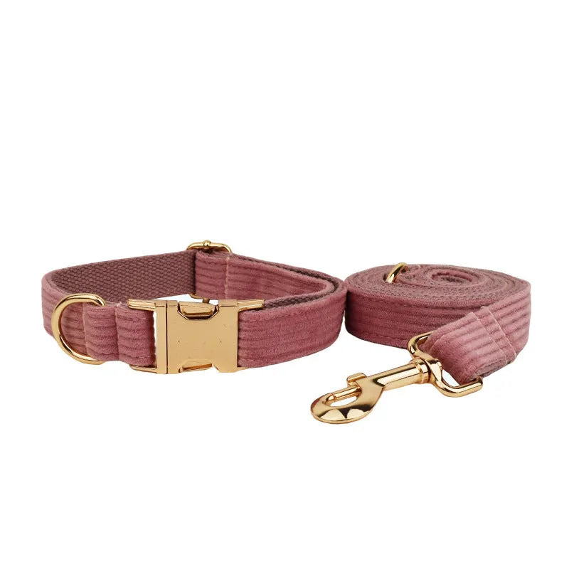 Corduroy dog collar and leash set with matching vest, bow, and poop bag holder in multiple sizes