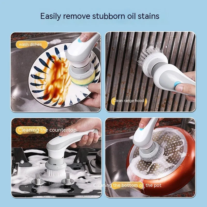 White cordless electric cleaning brush with multiple brush heads on a cleaning surface