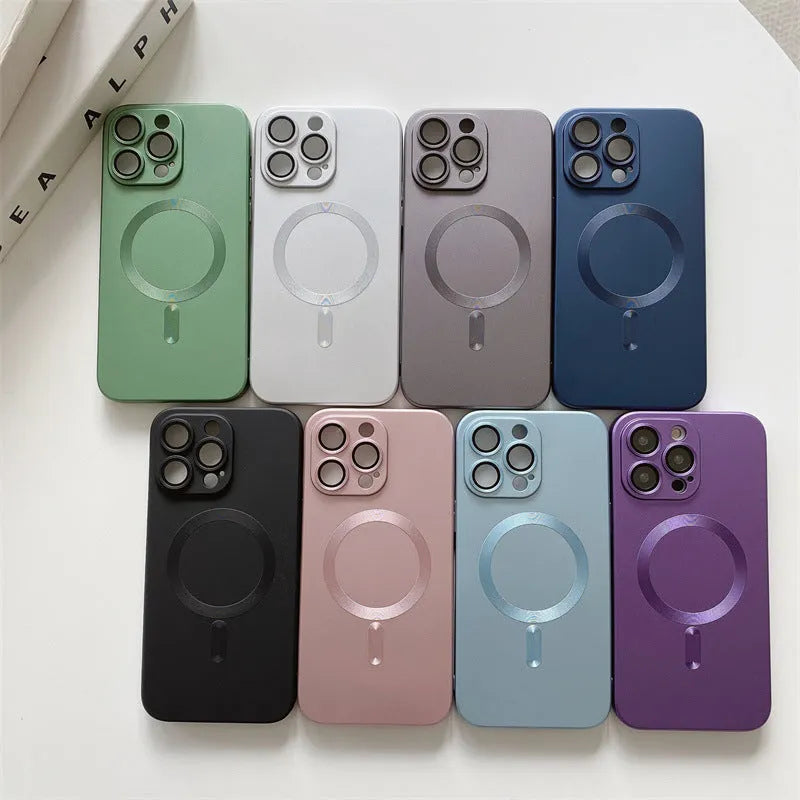 Magnetic suction liquid silica gel phone case with electroplated lens film for iPhone 15 16 series, available in multiple colours