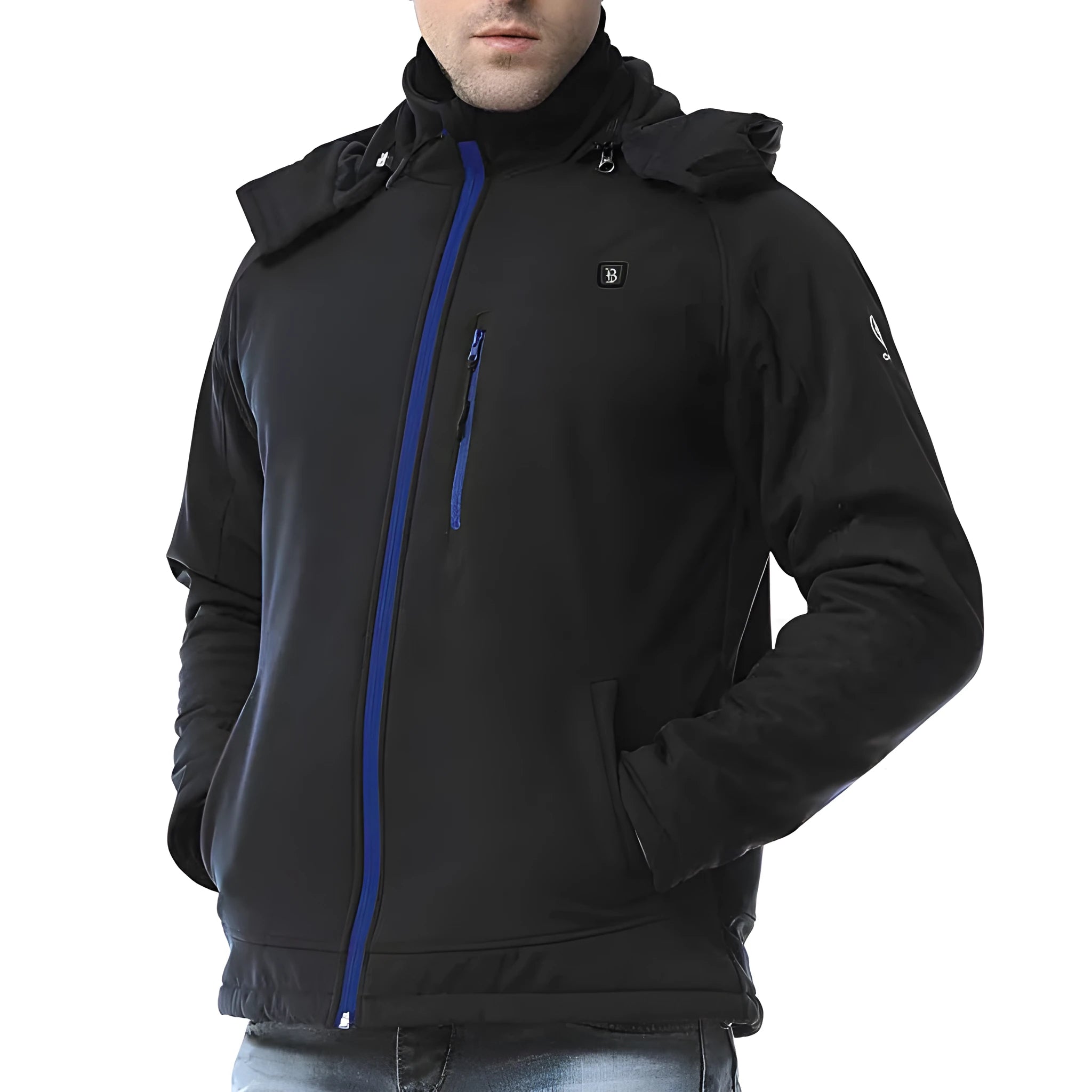 Black men's long sleeve winter coat with a zippered pocket on a hanger.
