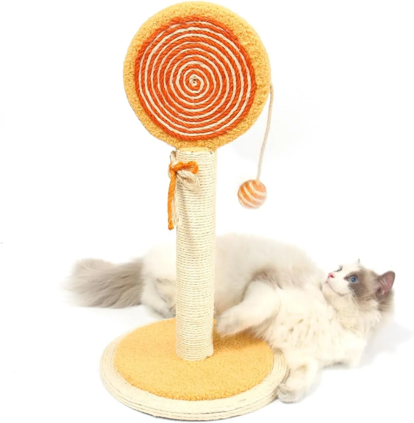 Blue cat scratching post with a hanging toy ball on a sturdy square base.