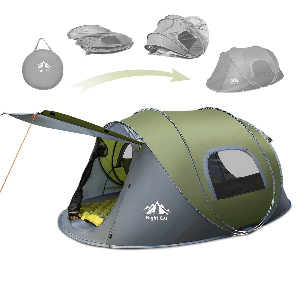 Dark green two-person pop-up camping tent showing automatic frame and waterproof rainfly
