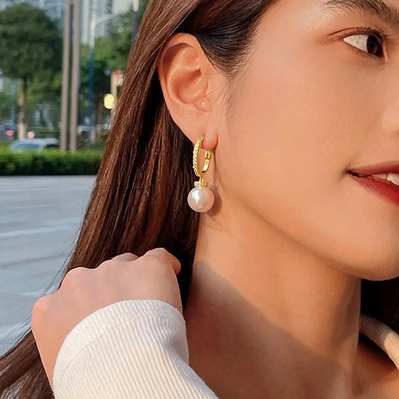 Yellow gold copper earrings with imitation pearl and zircon in geometric round and ring design