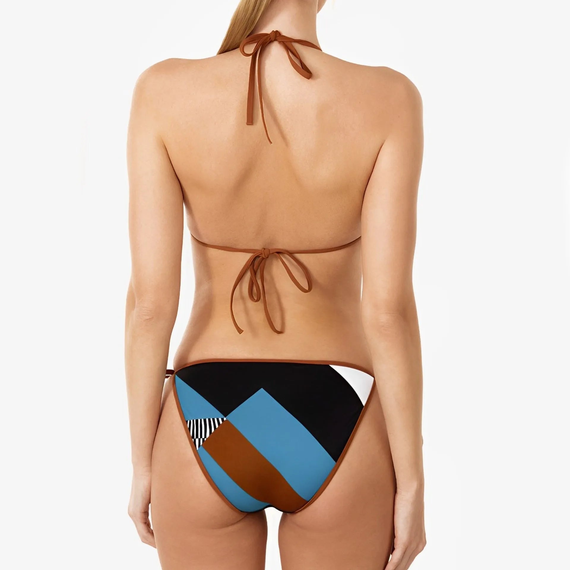 Women's backless skinny print bikini in picture colour, showing front and back view of the two-piece swimsuit.