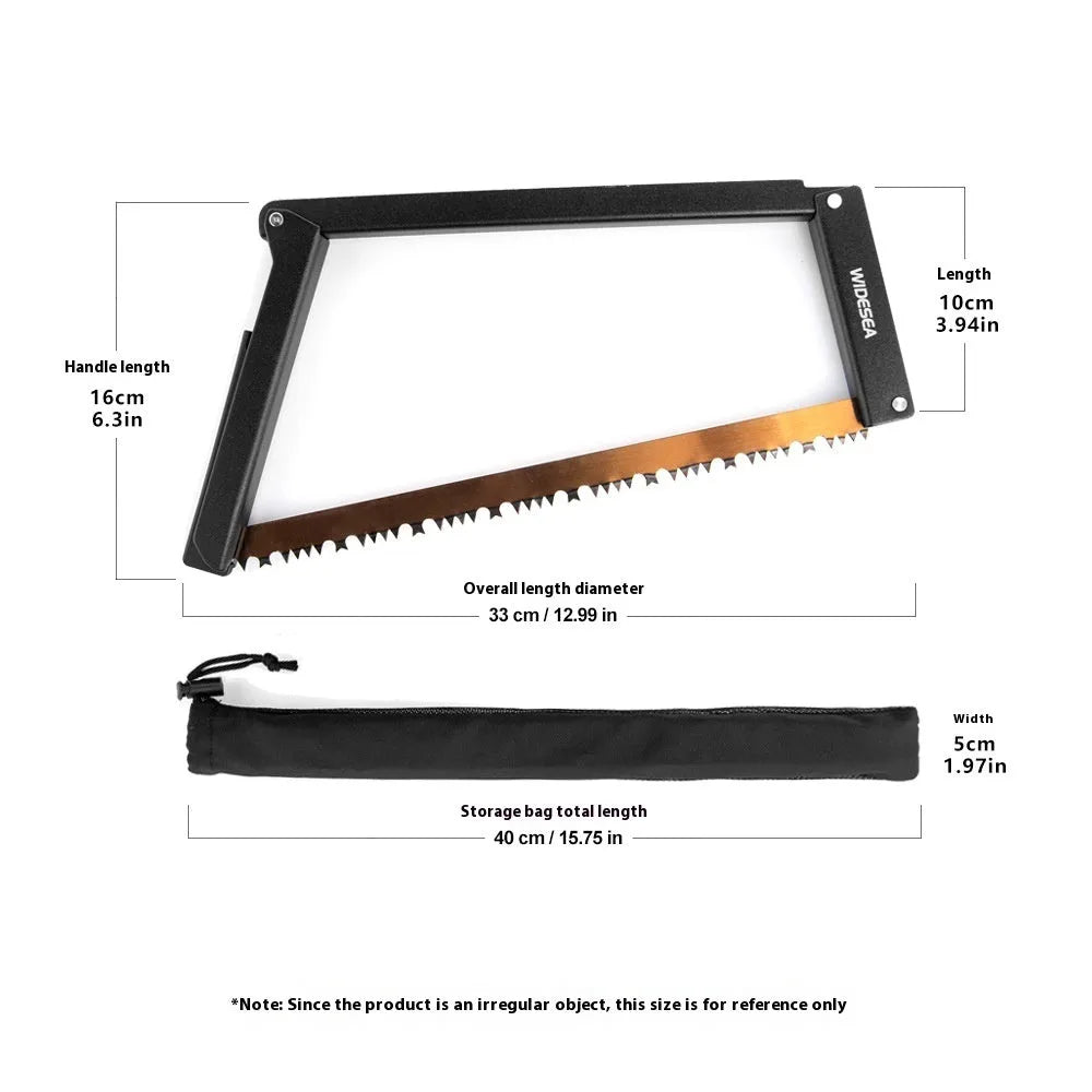 Black foldable outdoor saw with aluminium frame and nylon handle, blade folded for storage.