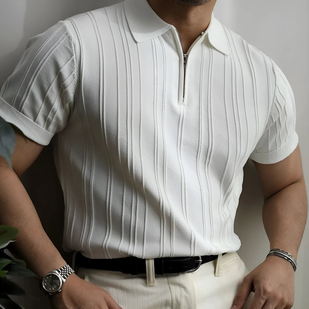 Men's loose-fit zipper short-sleeve knitted polo shirt in black, front view with lapel collar