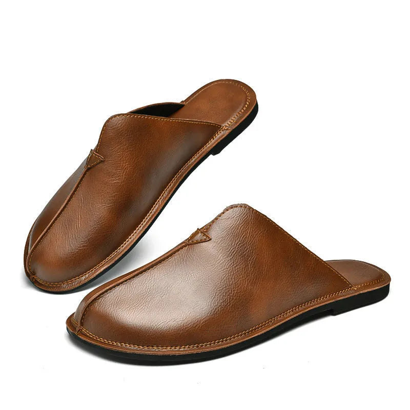 Men's Retro Easy Matching Lazy Flat Beach Slippers in Brown and Black with Rubber Sole, Available in Sizes 38 to 47 for Casual Summer Wear