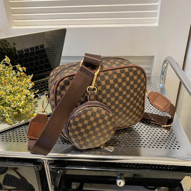 Vintage plaid pattern PU crossbody bag with small pouch in khaki colour, horizontal square shape, single shoulder strap