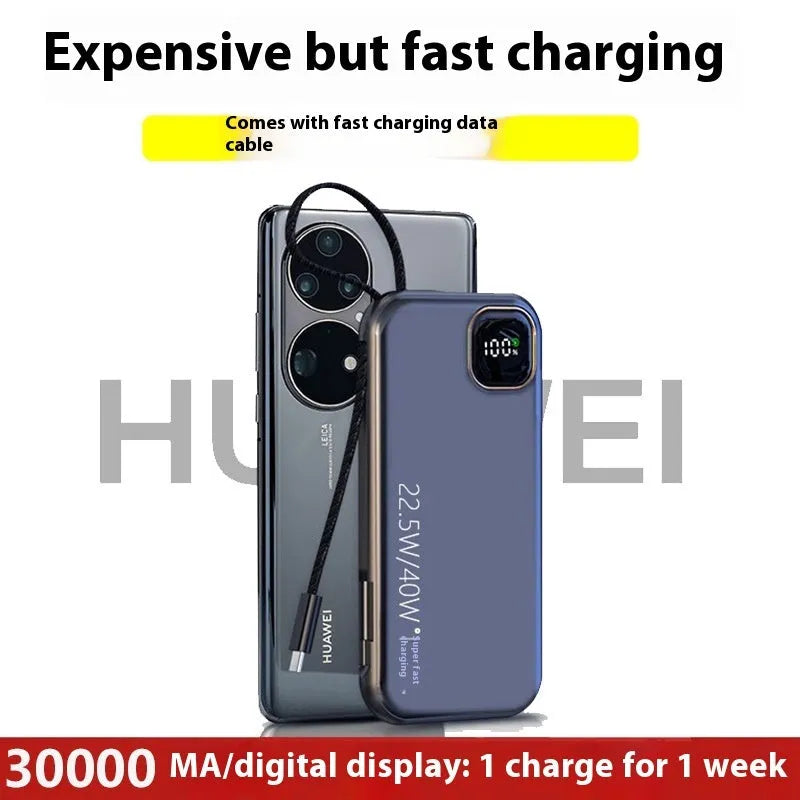 Black portable power bank with integrated charging cable showing compact 170mm x 68mm size.
