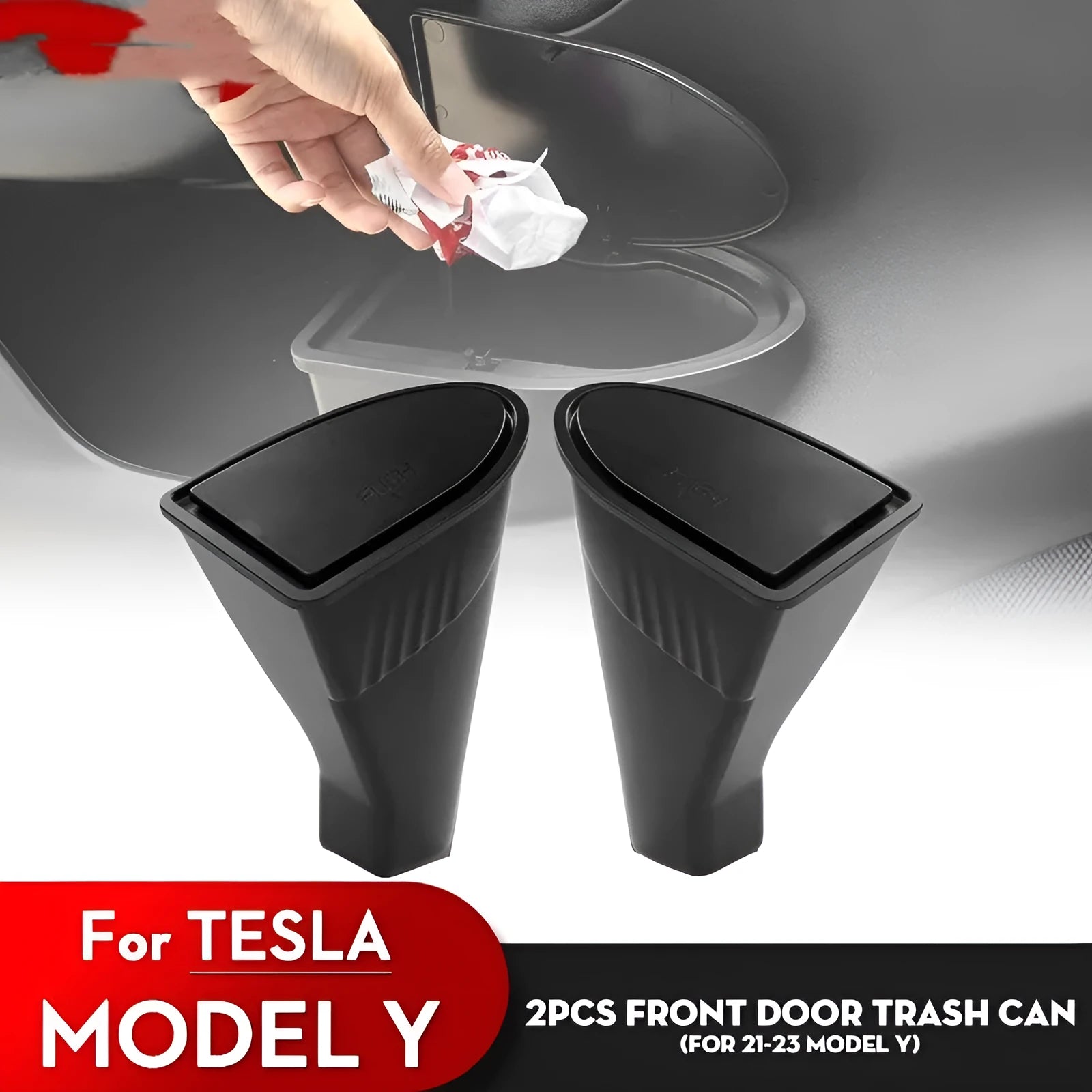 Two black ABS plastic storage bins designed for Tesla Model Y front door pockets