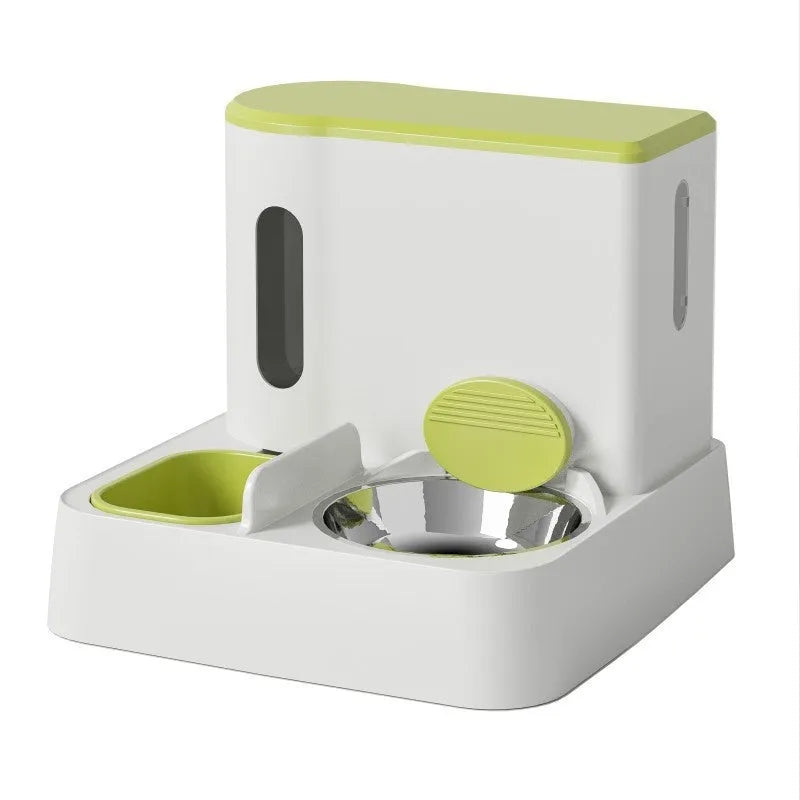 Grey cat automatic pet feeder with integrated double bowl water dispenser