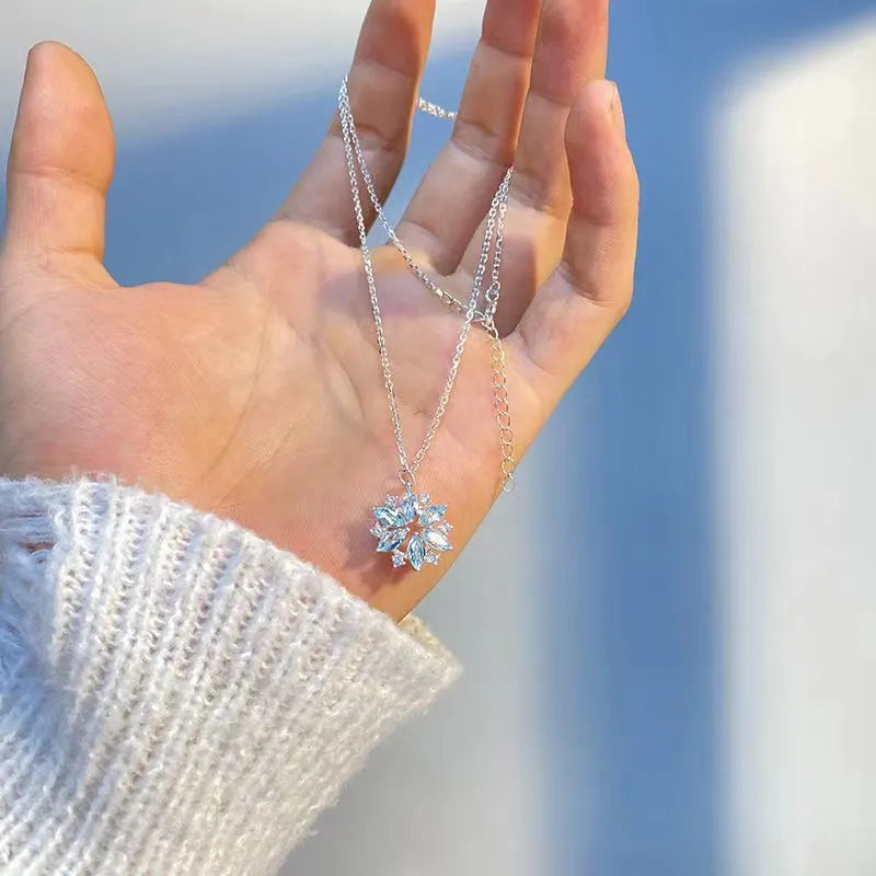 Sky blue snowflake pendant necklace for women with rhinestones, alloy chain, electroplated finish, 21-50cm circumference