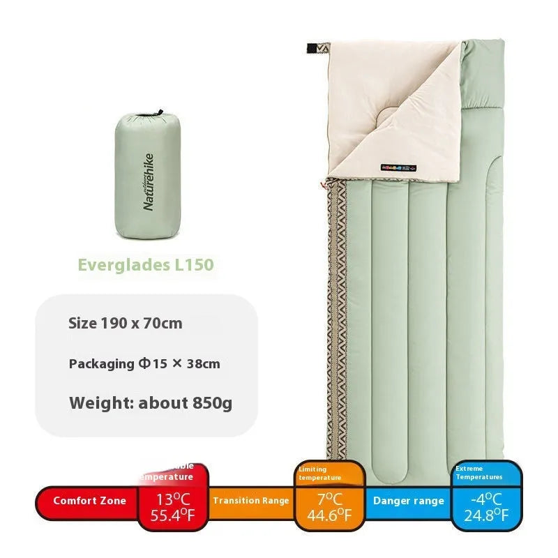 Four Seasons universal portable outdoor camping sleeping bag in swamp colour, shown with storage bag