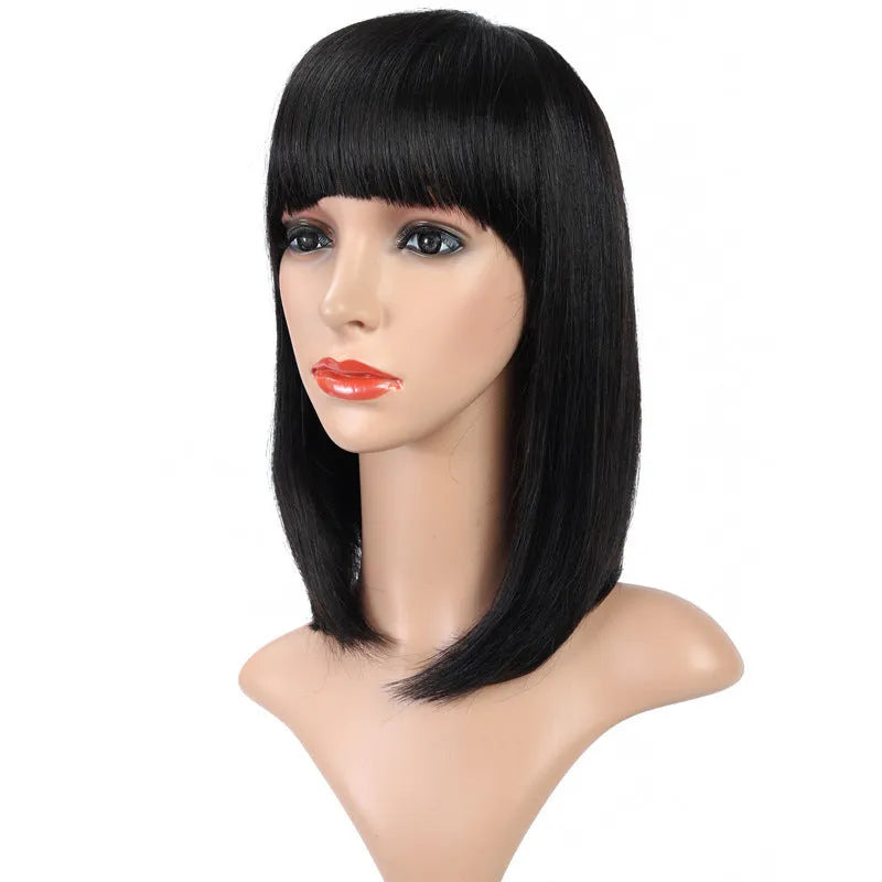 Real hair wig with Qi bangs, long straight bob style, Mechanism B gear wave colour, available in 6 to 16 inch lengths.