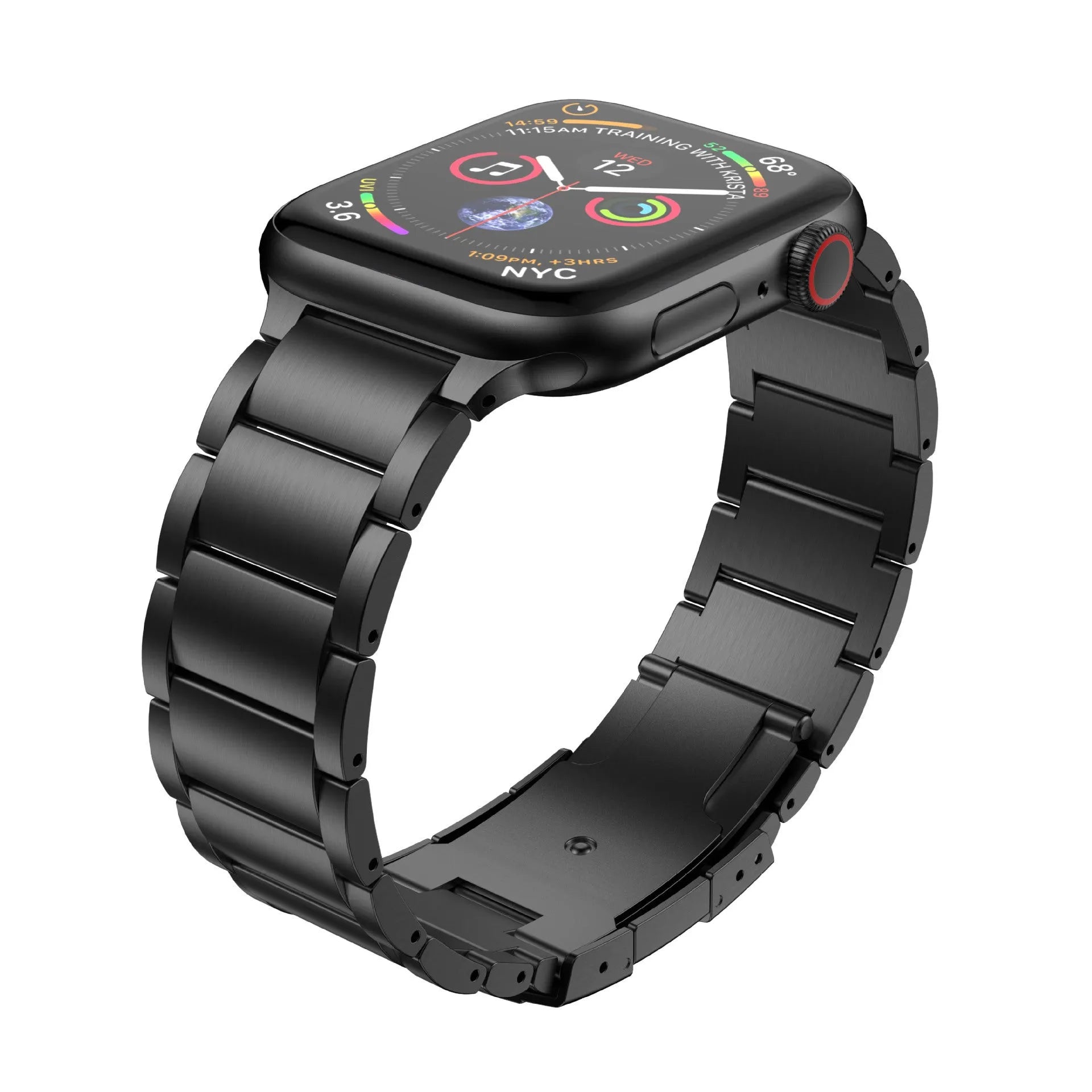 Black titanium metal band with folding buckle for Apple Watch on a grey background