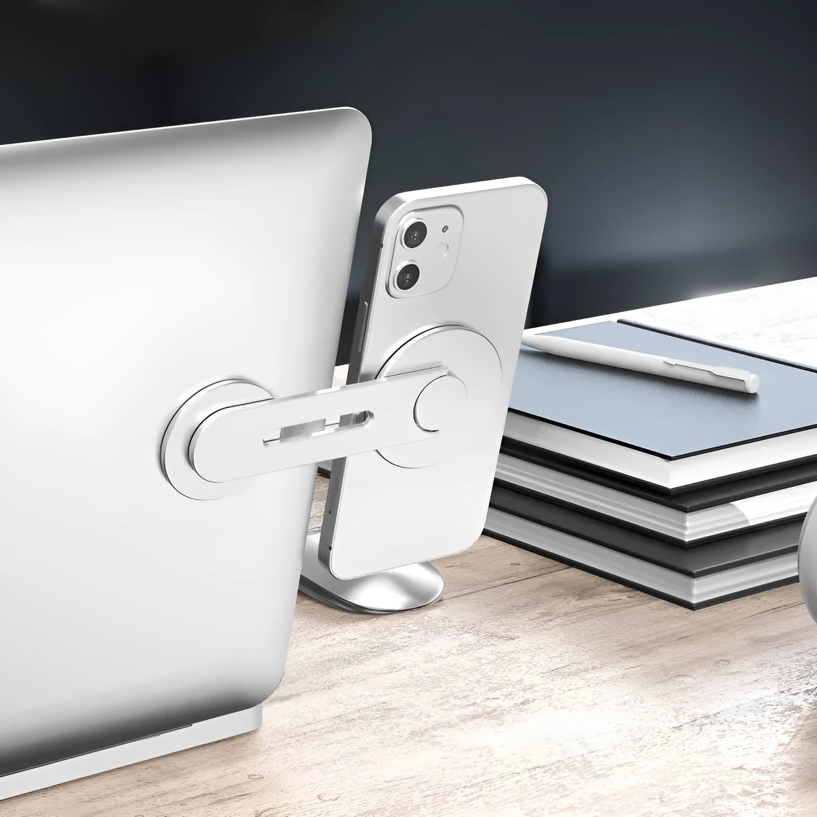 Silver aluminium alloy magnetic phone holder with flip mount for Tesla dashboard