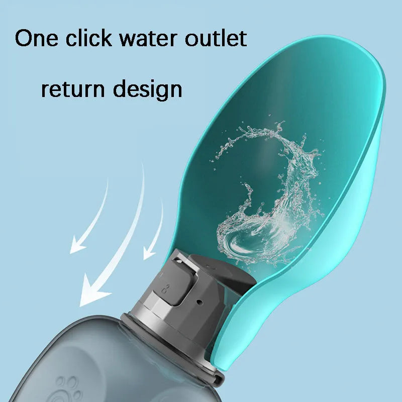 Blue-grey portable dog water bottle with foldable drinking bowl showing 800ml capacity markings