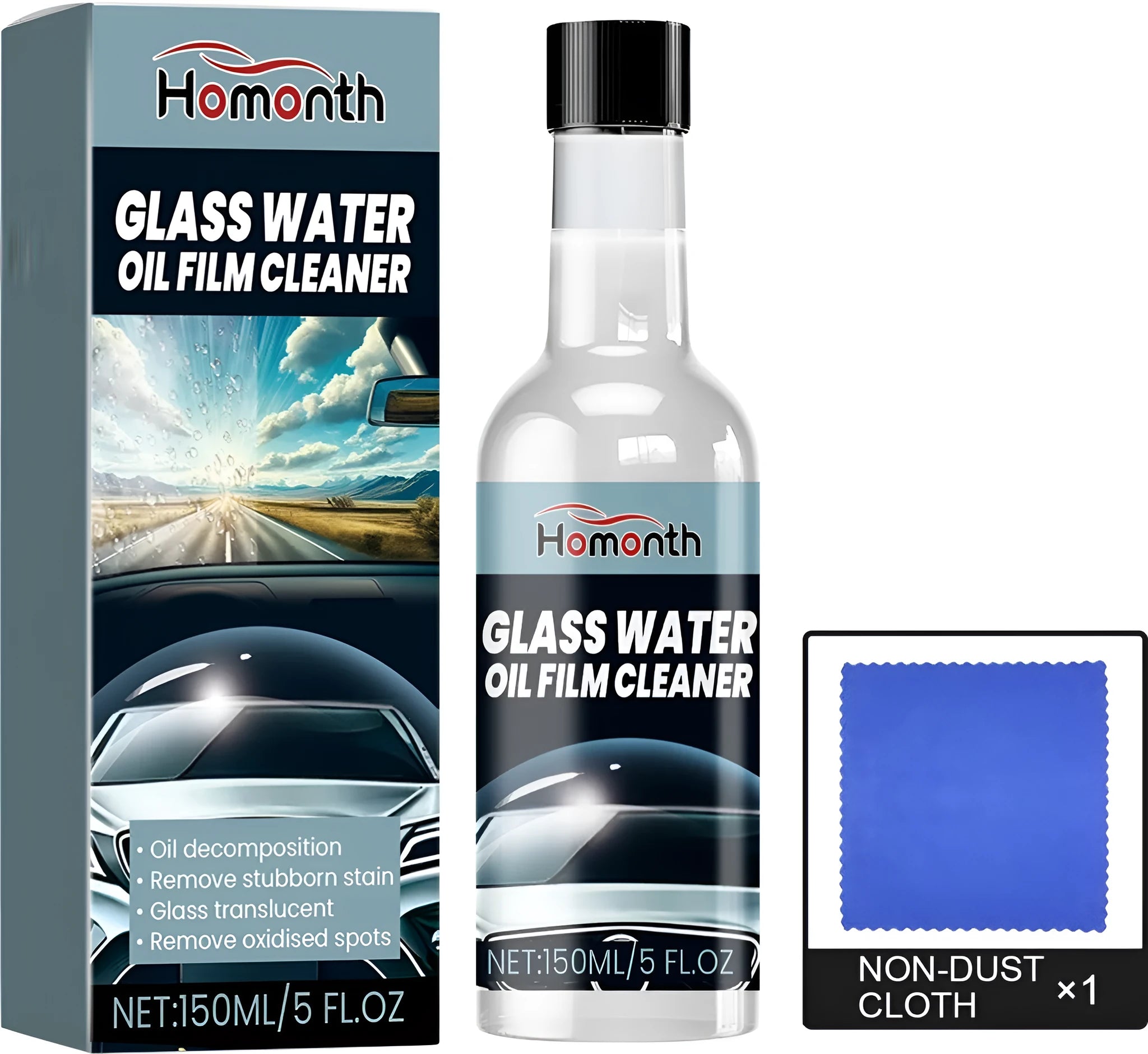 Glass water oil film cleaner kit showing a PET bottle and a square microfibre cloth for cleaning windows and mirrors.