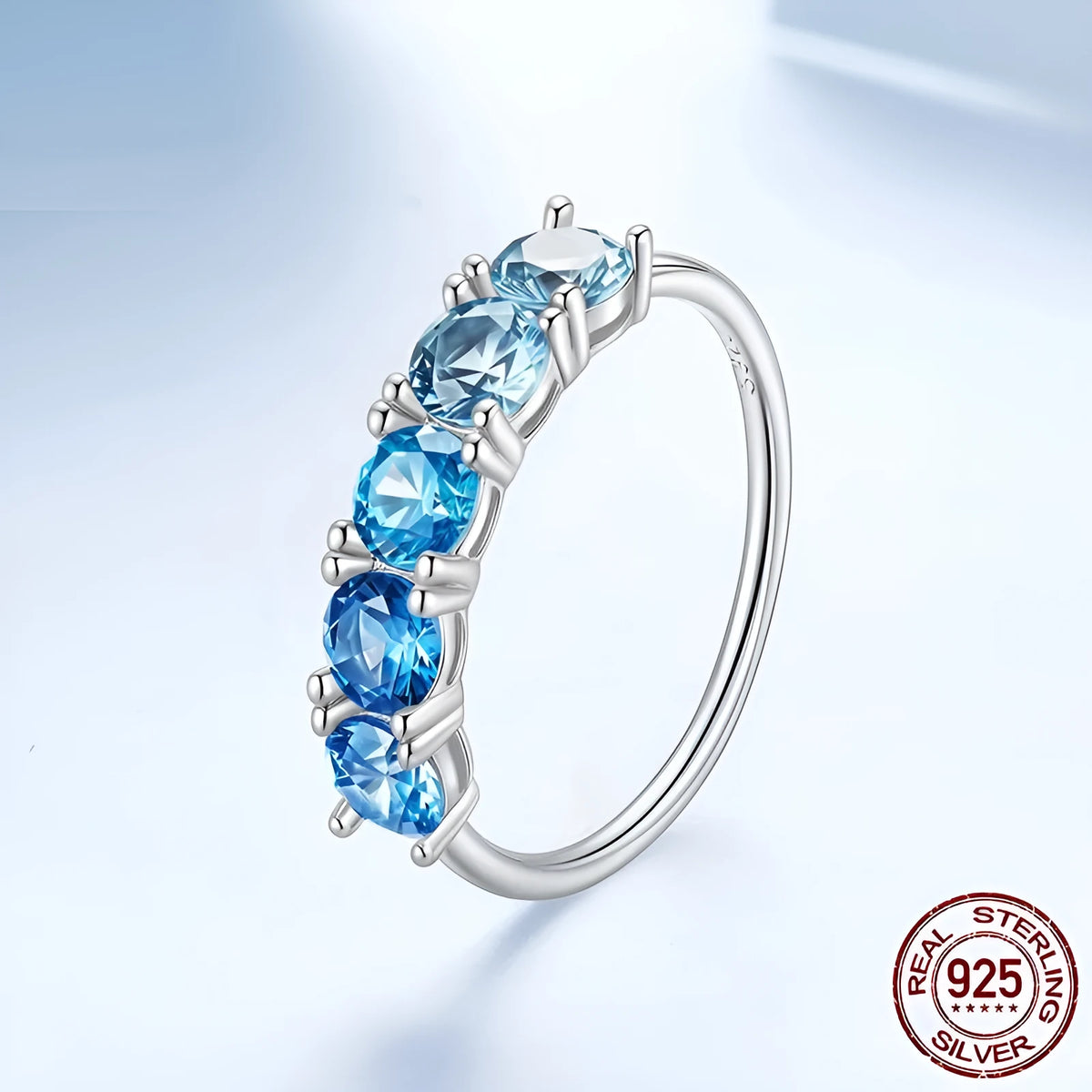 Gradient blue zircon S925 sterling silver geometric ring for women, US sizes 6, 7 and 8