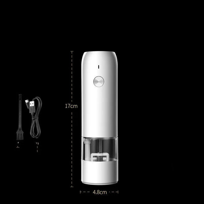 Rechargeable electric pepper and salt grinder in acrylic body with ceramic mechanism.