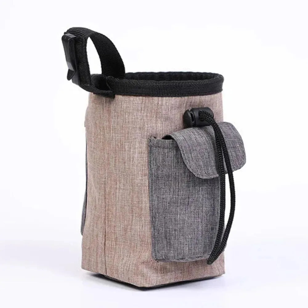 Adjustable waterproof waist bag for dog walking with side clip and multiple pockets.