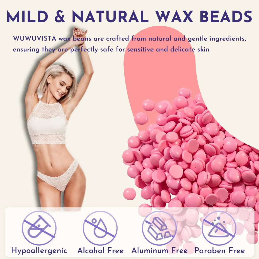 Black and pink hard wax kit with warmer, wax beans, sticks, lotion, and ice masks for body hair removal.