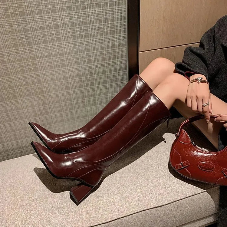 Retro brown cowhide leather women's riding boots with a Maillard high heel and waterproof platform.