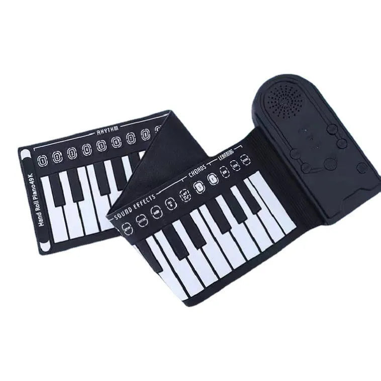 Pearlescent white portable folding electronic keyboard with 49 silicone keys, shown both rolled and unrolled.