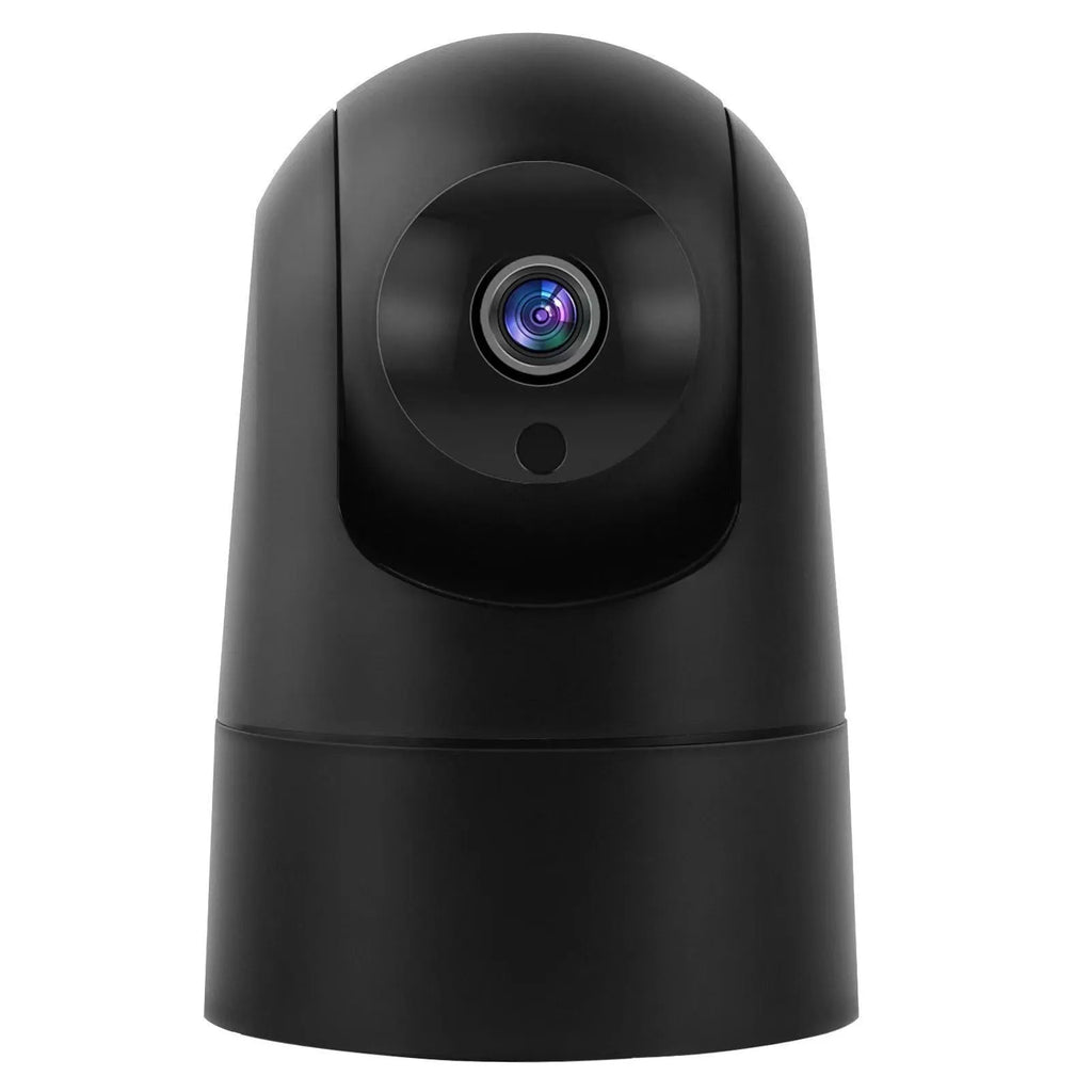 White indoor security camera with wide-angle lens on a shelf, showing companion app on a mobile phone.