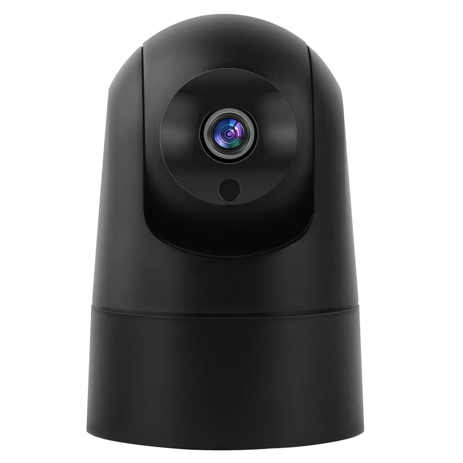 White indoor security camera with wide-angle lens on a shelf, showing companion app on a mobile phone.
