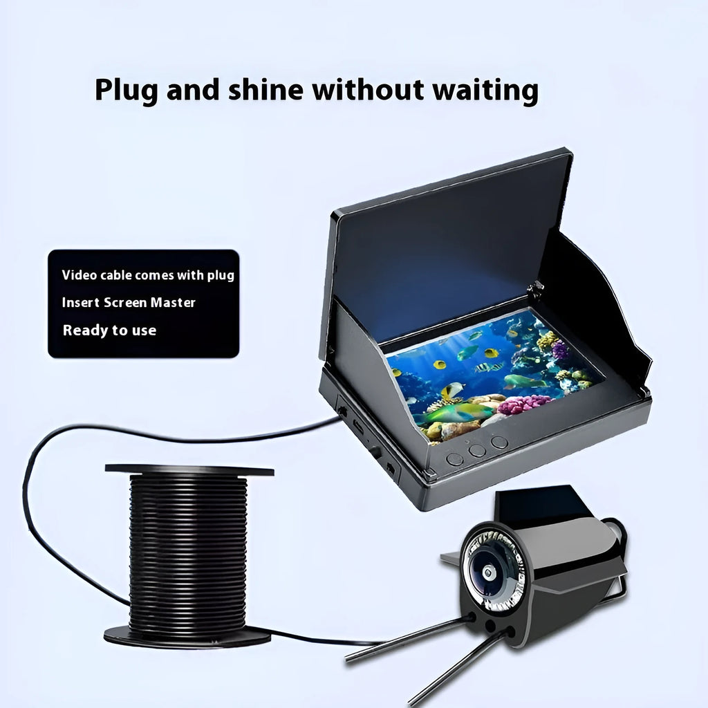 Underwater fish finder HD camera with 4.3-inch screen, showing a video feed of fish and aquatic plants.