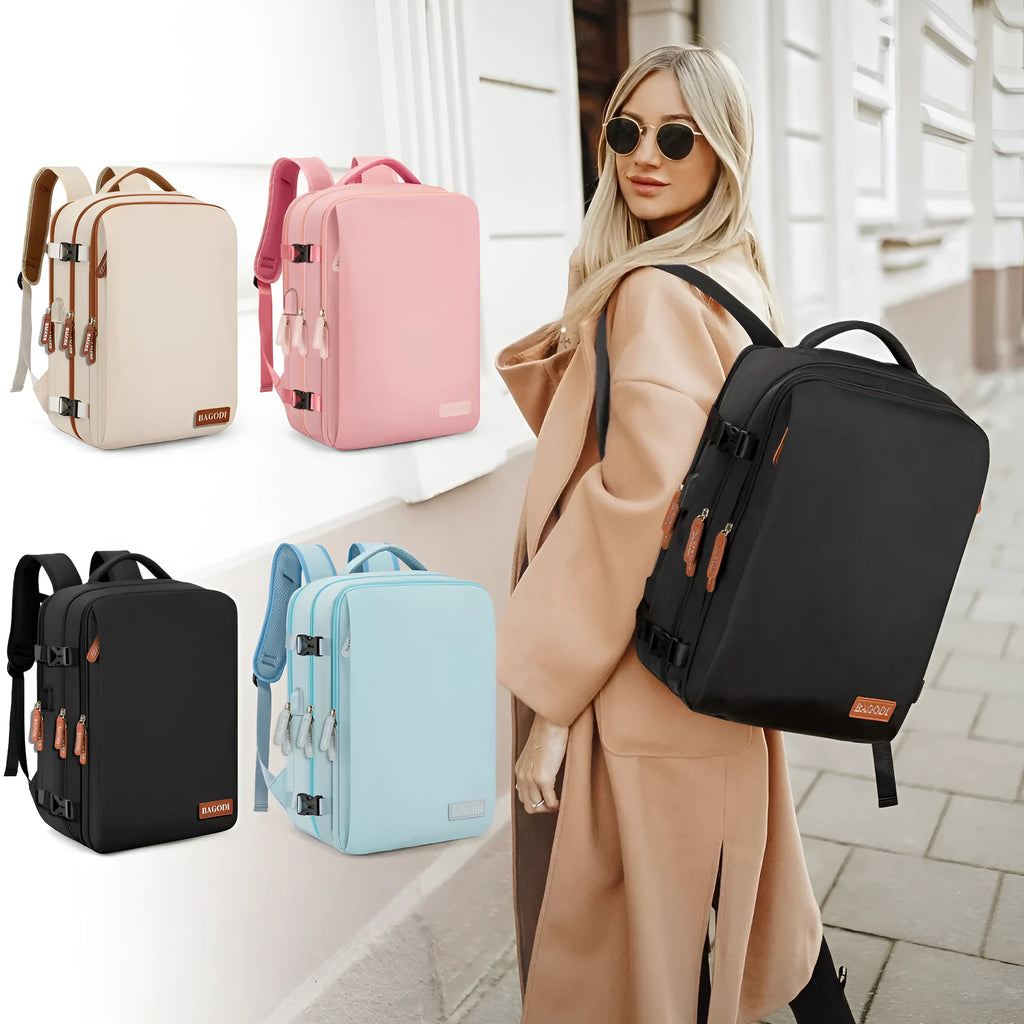 Water repellent travel backpack in black made from polyester fibre, with single main compartment, for business use