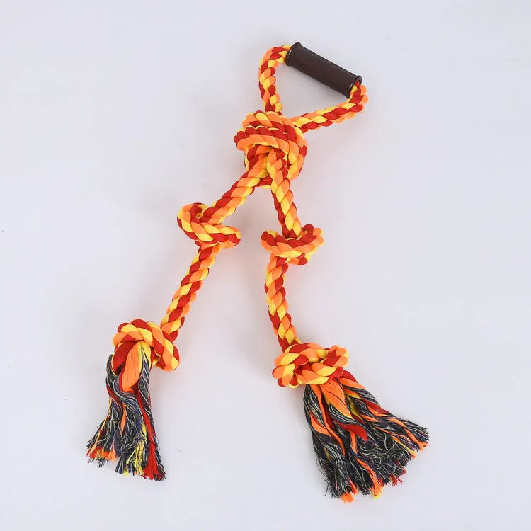Blue and yellow cotton rope tug toy for large dogs with an ergonomic handle.