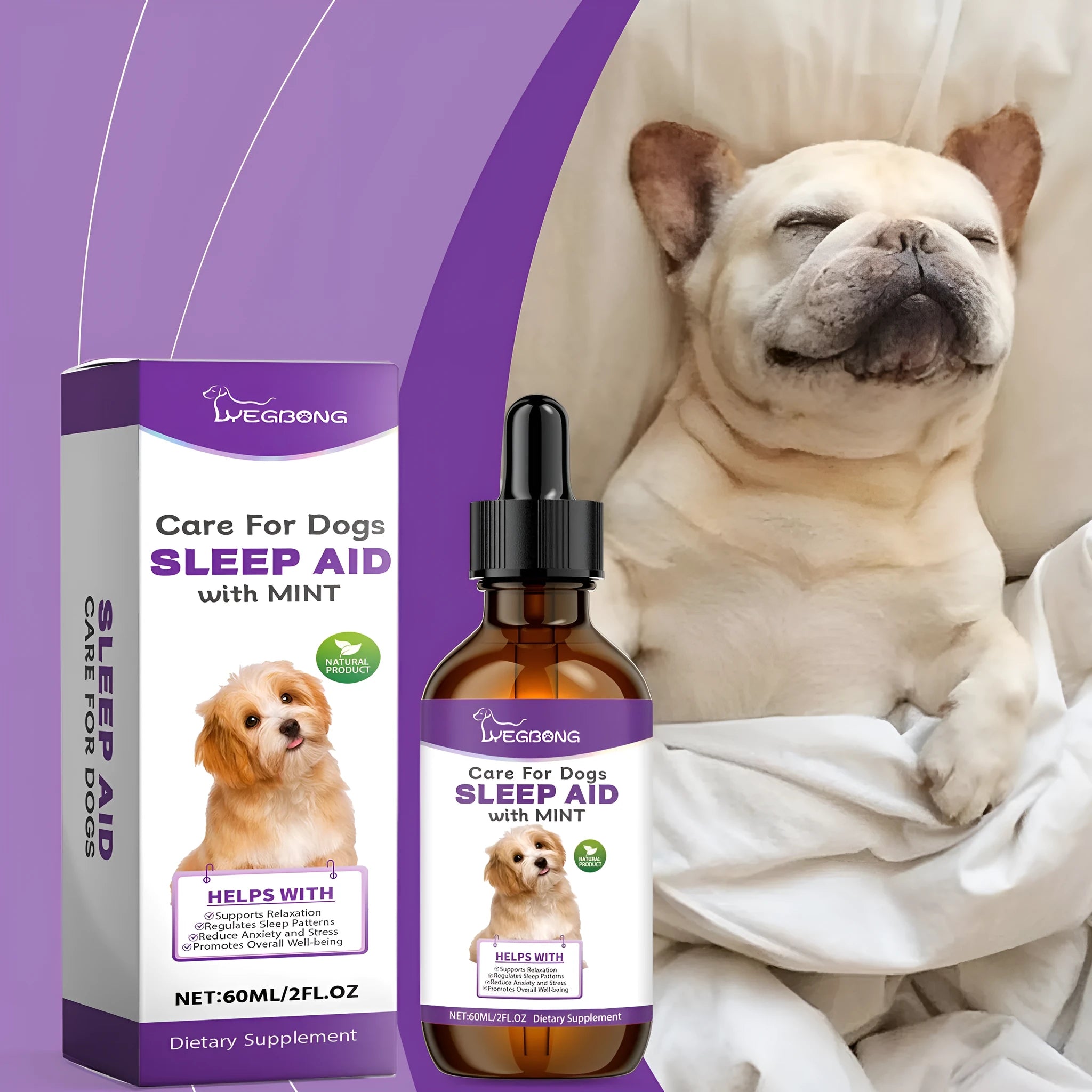60ml bottle of dog sleep drops with mint extract for canine nighttime relaxation care