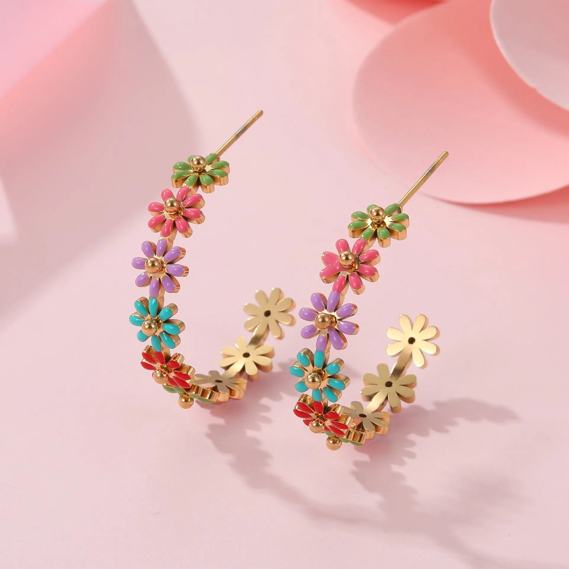 Women's stainless steel bracelet with oil dripping colour floral geometric design electroplated finish