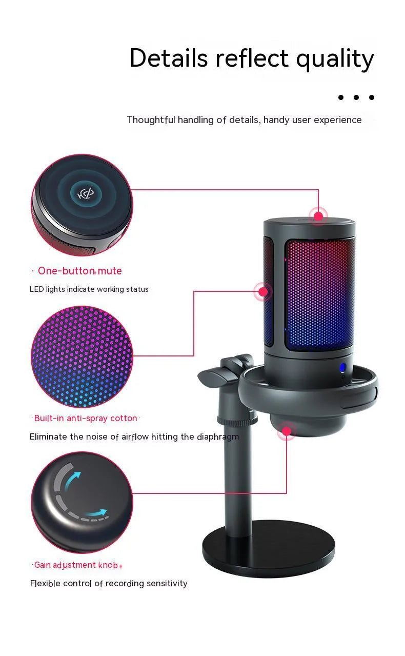 RGB condenser microphone for live broadcast with USB cable in black, white, or pink colours