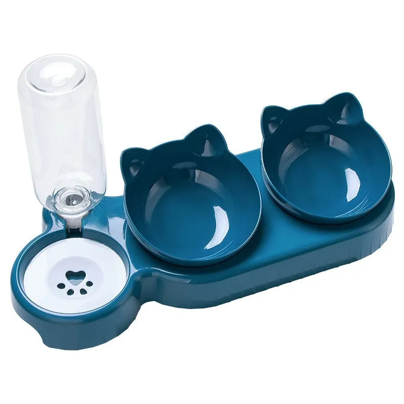 Plastic double bowl anti roll pet product for cats with anti-skid base, dark blue colour option