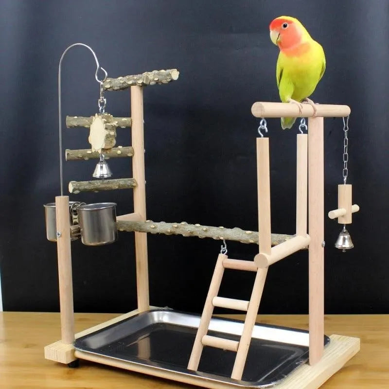 Pepper wood parrot stand with multi-level poles and an integrated bird toy.