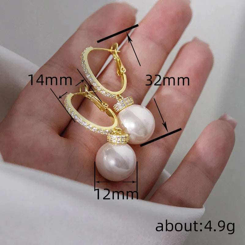 Yellow gold copper earrings with imitation pearl and zircon in geometric round and ring design