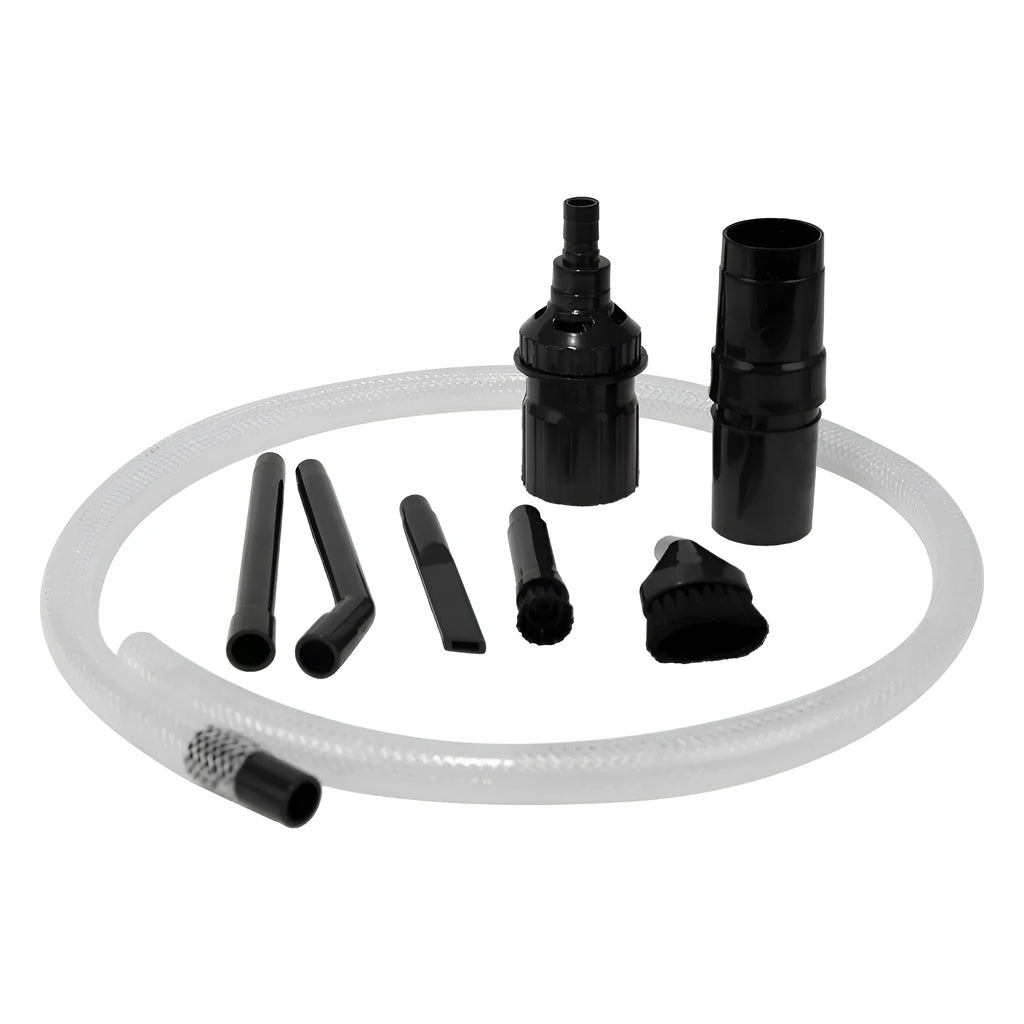Eight-piece vacuum cleaner accessory set with various nozzles and brushes for small space cleaning.