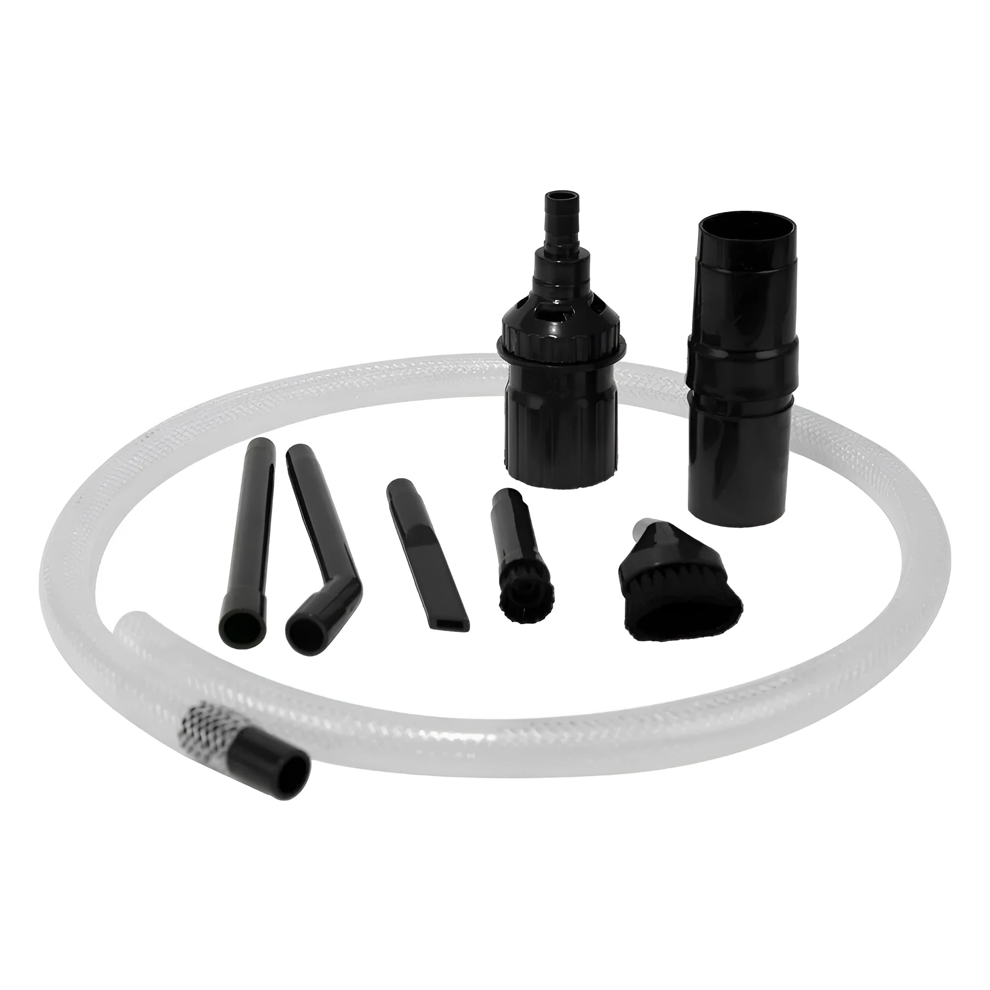 Eight-piece vacuum cleaner accessory set with various nozzles and brushes for small space cleaning.