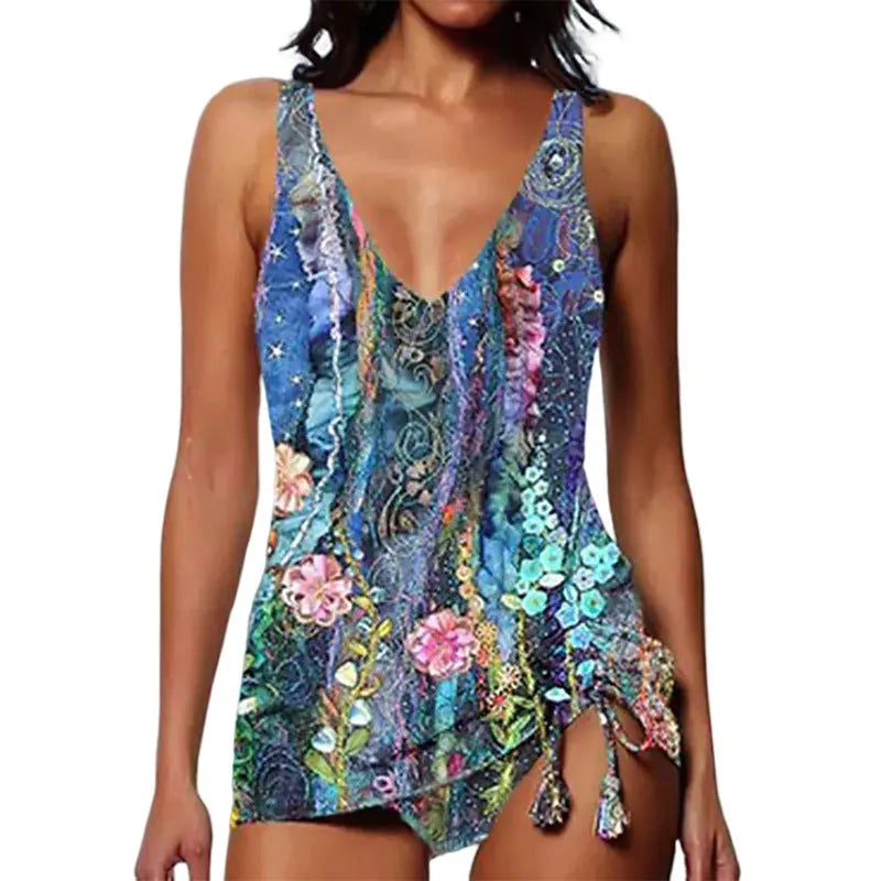 Women's printed triangle bikini split swimsuit set in colour 5 with matching briefs
