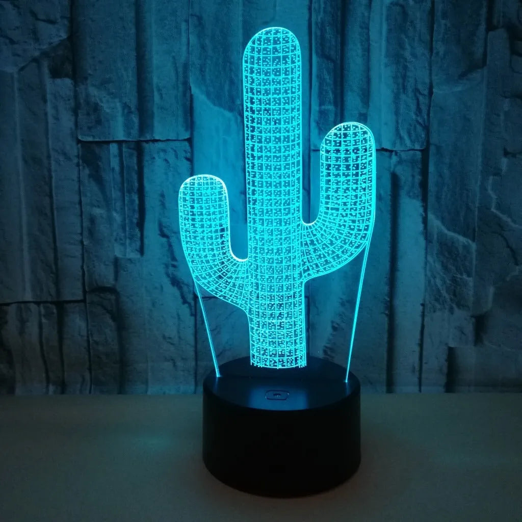 Cactus 3D small night lamp with remote control, multicolour touch operation, USB-powered acrylic and ABS base