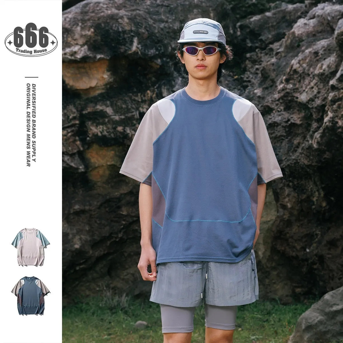 Men's loose fit patchwork t-shirt in blue or beige with short raglan sleeves.